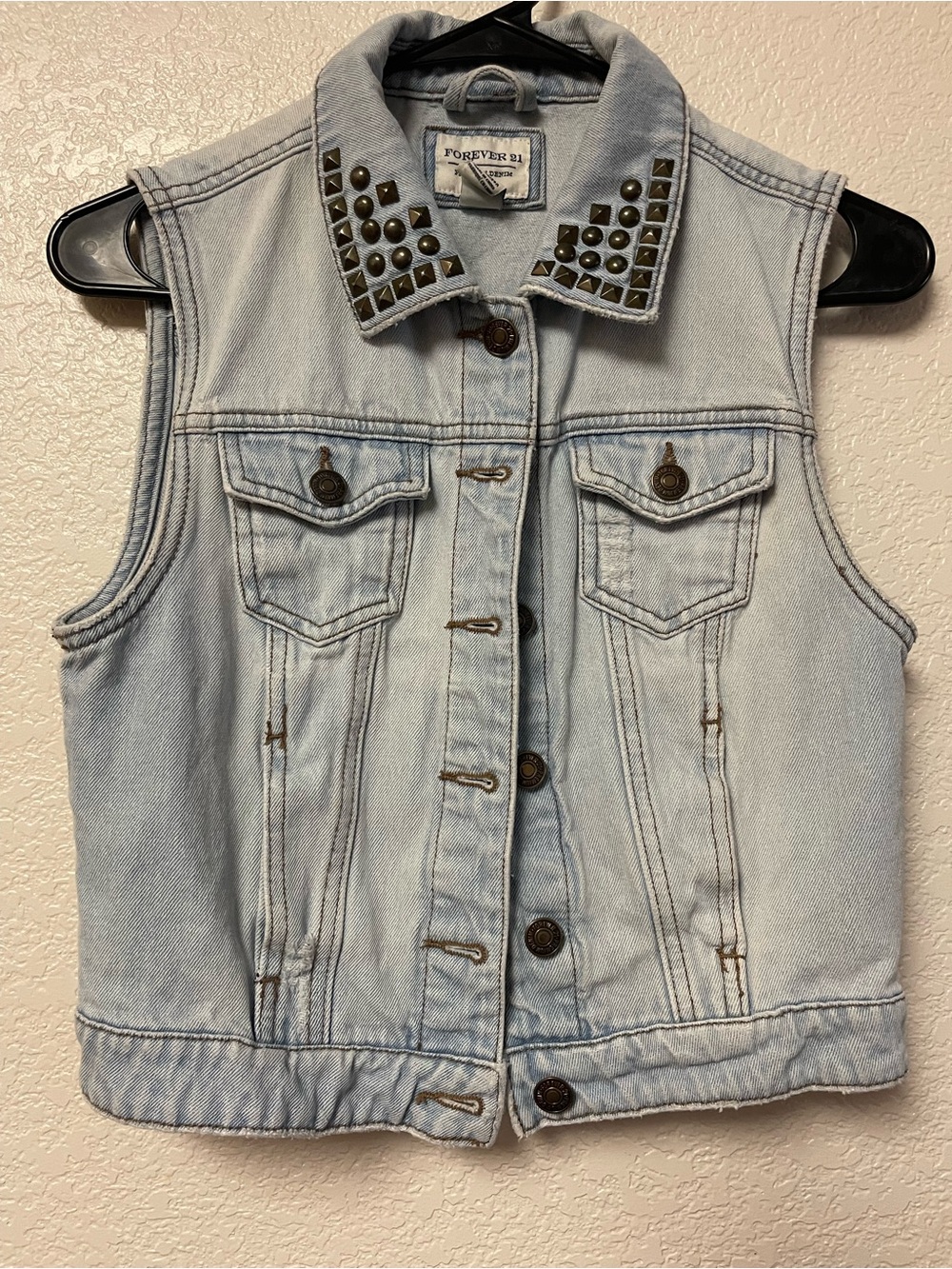 Forever 21 Light Wash Studded Collar Denim Vest